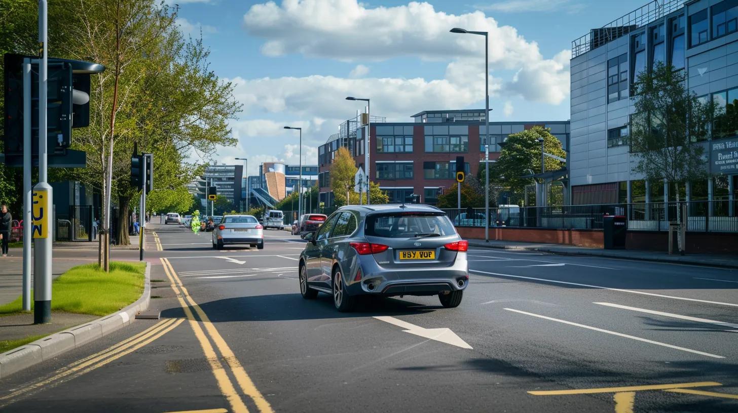 a focused learner confidently manoeuvres an automatic car through an urban driving lesson, showcasing a clear road awareness while engaging with surrounding traffic and signs. a focused learner confidently manoeuvres an automatic car through an urban driving lesson, showcasing a clear road awareness while engaging with surrounding traffic and signs.