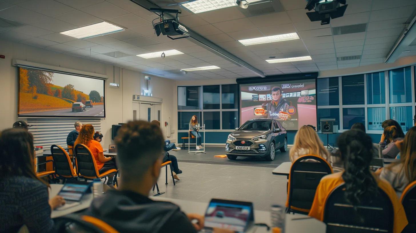 a modern driving school setting showcases a diverse group of enthusiastic learners engaged in automatic driving lessons, highlighting the smooth operation of an automatic vehicle within a brightly lit, spacious classroom environment filled with driving simulation equipment. a modern driving school setting showcases a diverse group of enthusiastic learners engaged in automatic driving lessons, highlighting the smooth operation of an automatic vehicle within a brightly lit, spacious classroom environment filled with driving simulation equipment.