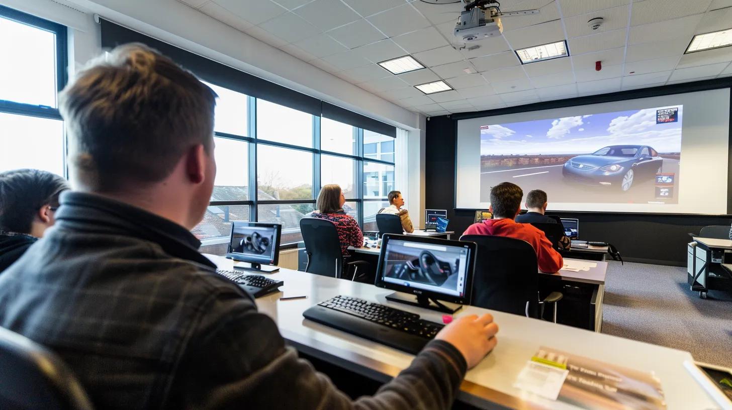 a sleek, modern driving school classroom in nottingham, featuring an instructor demonstrating simplified transmission systems on a large screen, with students engaged in focused discussion around practical driving techniques and test preparation.
